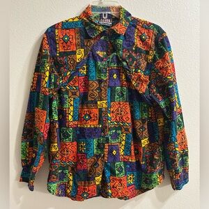 Vintage Womens Western Shirt LG Colorful Geometric Yoke Neck Southwestern Aztec